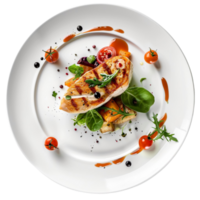 grilled chicken breast with vegetables and sauce on a white plate AI-Generated png
