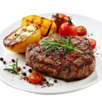 steak steak avec patates et tomates sur une assiette généré par ai png