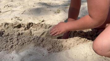 weinig kind spelen met zand Aan strand oceaan zee. jongen gebouw zand kasteel huis. familie zomer vakantie en uitstapjes naar warm landen video