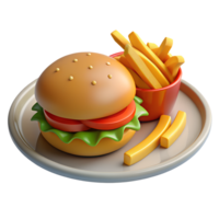 hamburgare och franska frites på en tallrik 3d ikon png
