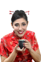 Brazilian model with hair, makeup and clothes in Chinese girl style on neutral background png