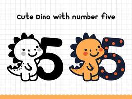 Cute doodle dinosaur with number five for preschoolers. illustration. vector