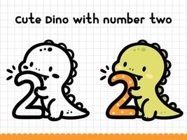 Cute doodle dinosaur with number two for preschoolers. illustration. vector