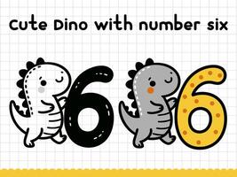 Cute doodle dinosaur with number six for preschoolers. illustration. vector