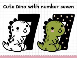 Cute doodle dinosaur with number seven for preschoolers. illustration. vector