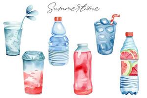 Watercolor set of summer drinks. Set of cocktails, drinks watercolor clipart. Water bottle vector