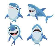 dibujos animados pescado personaje. gracioso tiburones cómic tiburones emociones tiburón mascota. cómic estilo pescado conjunto vector