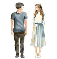 Watercolor man and woman standing. Two people. Romantic couple isolated on white vector
