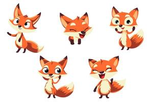 Set of cute foxes with different emotions. Cartoon foxy characters. Happy funny forest animals. fox vector