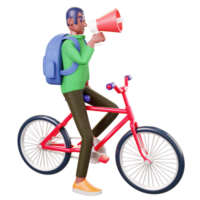 a student with a backpack on with a red bicycle with a megaphone in his hand png