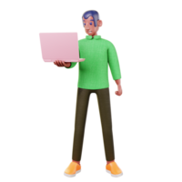 a cartoon student with a green sweater holds a laptop png