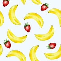 Watercolor banana background. Seamless pattern with banana and strawberry. Colorful wallpaper . vector