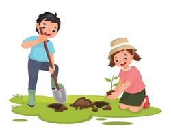 Cute kids doing gardening digging planting tree working together in the garden vector