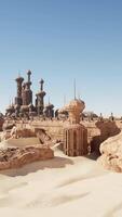 een woestijn tafereel met rotsen en gebouwen in de achtergrond video