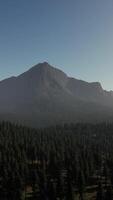 An aerial view of a mountain range with trees in the foreground video