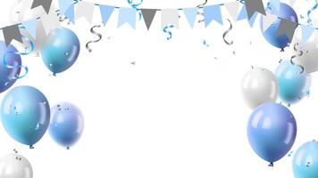 blue balloons, confetti and flag garland for grand opening luxury greeting card illustration. frame template vector