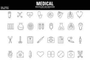 emergencia médico kits y equipo icono conjunto para cuidado de la salud vector