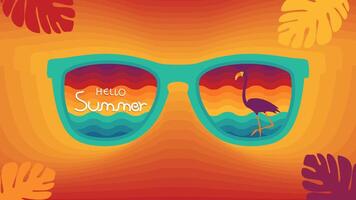 Abstract colorful summer background with tropical leaves and flamingo, illustration vector