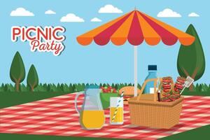 Picnic party, international picnic day design template, an under umbrella , a juice jug, glass, bottle, basket, a burger, and Fruits with green grass and light blue sky. vector