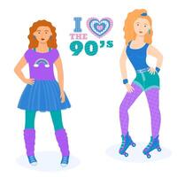 un conjunto de muchachas en retro estilo. 90 caracteres. y2k caracteres. Moda de el años 90 vector