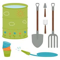 Gardening and planting kit - shovel, pitchfork, garden barrel, hose, empty pot. vector