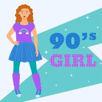 A girl in a T-shirt, skirt and leggings in a retro style. 90 characters. y2k characters. Fashion of the 90s. vector