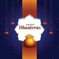 hermosa contento Dhanteras festival tarjeta con dorado maceta vector