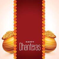 dhanteras festival card with golden pot kalash vector