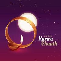 indio karwa chauth festival tarjeta diseño con lleno Luna y diya vector