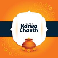 happy karwa chauth greeting with kalash and diya decoration vector
