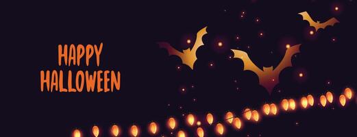 happy halloween banner with glowing bats and lights vector