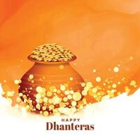 encantador contento Dhanteras festival tarjeta con oro moneda maceta vector