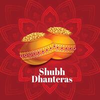 étnico shubh Dhanteras festival tarjeta con oro moneda ollas vector