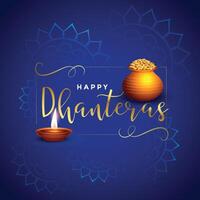 hermosa Dhanteras festival tarjeta con diya y kalash vector