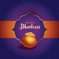 happy dhanteras purple card with golden pot design vector