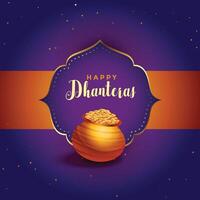 contento Dhanteras púrpura tarjeta con dorado maceta diseño vector