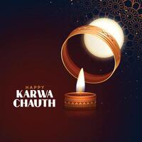 happy karwa chauth festival card with full moon and diya vector