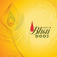 happy bhai dooj yellow background with peacock feather vector