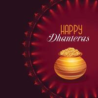 happy dhanteras festival card with golden pot design vector