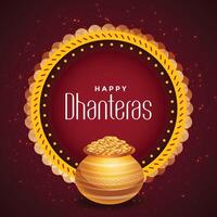 decorative happy dhanteras festival card with golden pot vector