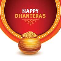 beautiful happy dhanteras greeting card design with gold coin kalash vector