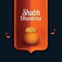 shubh Dhanteras festival tarjeta con oro moneda kalash vector