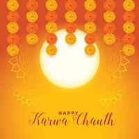 happy karwa chauth festival card with full moon and marigold flower vector