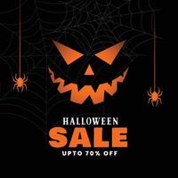 happy halloween sale black background with spiders and ghost face vector