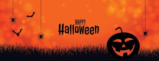 orange halloween banner with pumpkin spider and bats vector