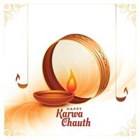 creative happy karwa chauth festival card with realistic diya vector
