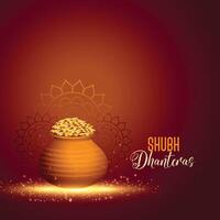 happy dhanteras hindu festival with golden coin pot vector