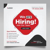 We are hiring job vacancy social media post design template. square web banner template or employee recruitment post banner design. vector