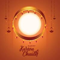 indian karwa chauth festival background with full moon and diya vector