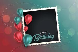 beautiful happy birthday card with balloons and photo frame vector